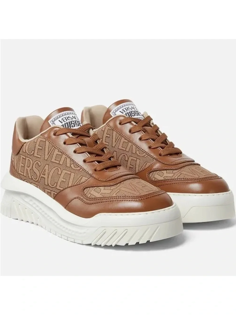 Versace AllOver Logo Odissea Low-Top Men’s Sneakers, Beige/Brown, NEW, Size 42.5